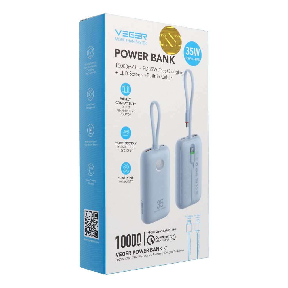 VEGER powerbank 10000 mAh beépített kábelekkel Type C / Lightning PD QC3.0 35W K1 (W1188) égkék-4