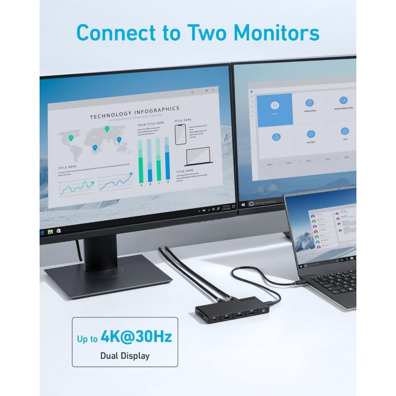 USB-C Hub Anker, 1 x USB-A 3.0 - 2 x USB-A - 3 x USB-C - 2 x HDMI - 1 x RJ45 - 1 x SD, Fekete A83A2G11-2