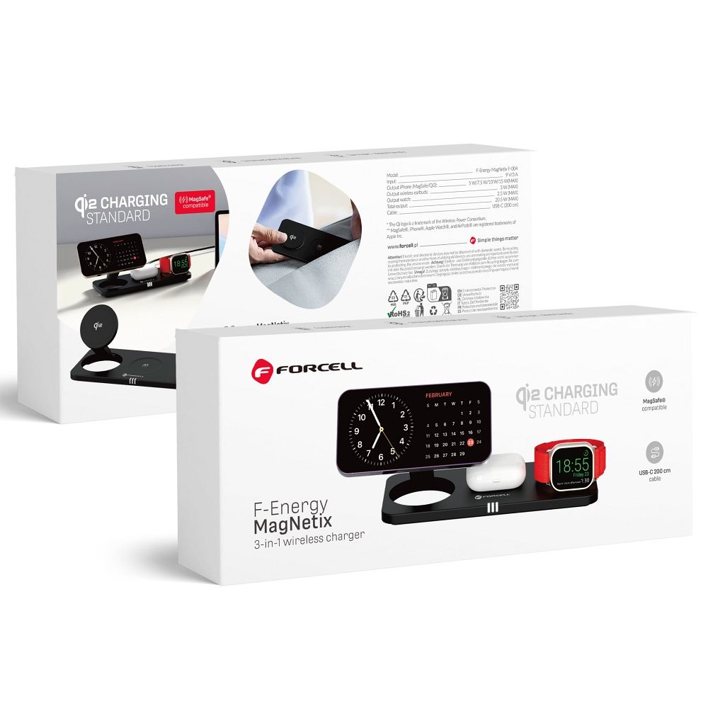 FORCELL F-ENERGY MagNetix 3 az 1-ben Qi2 20,5W vezeték nélküli töltő MagSafe kompatibilis fekete-0
