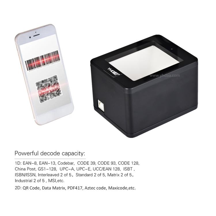 2D USB vonalkódolvasó, QR kód olvasó auto scann asztali YHD-9800D-1