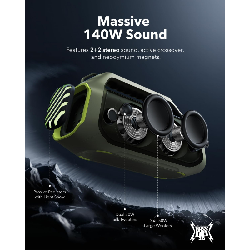 Bluetooth Hangszóró Anker Soundcore Boom 2 Plus, 140W, TWS, RGB, Vízálló, Zöld A3134061-1