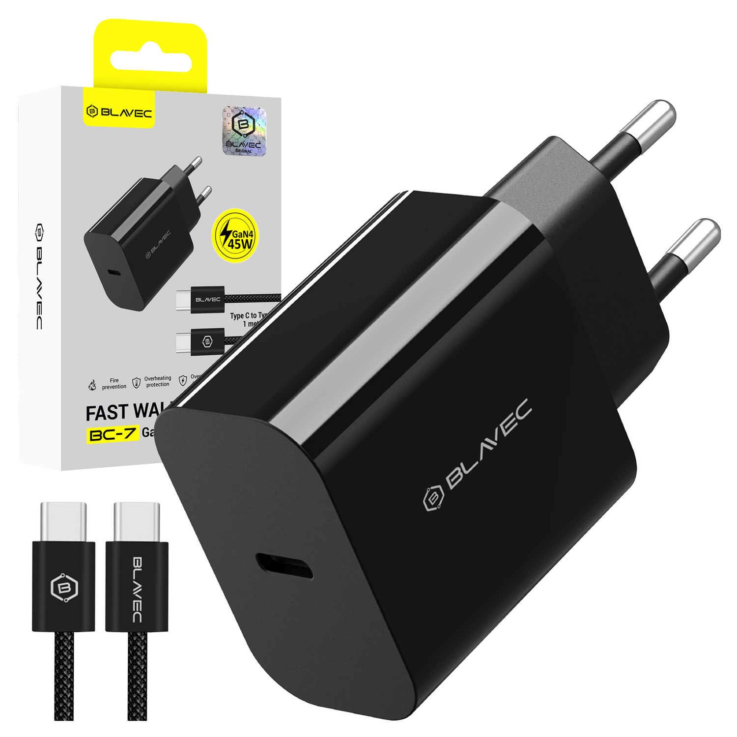Blavec fali töltő BC-7 GaN4 - Type C - PD QC 45W 3A Type C - Type C kábellel (TCBC7G4-CB453A+CC) fekete-1