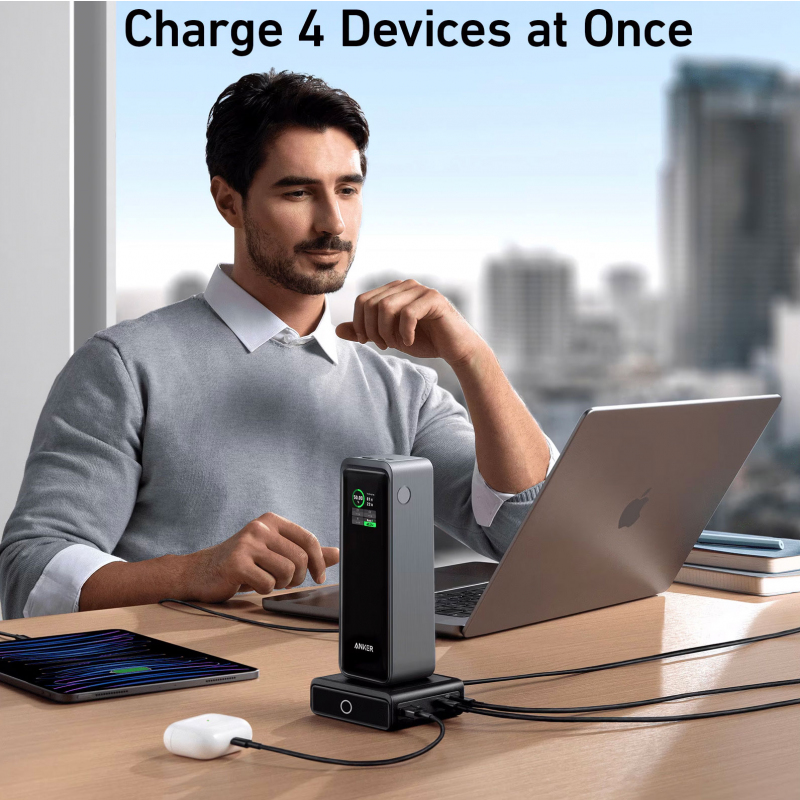 Anker fali töltő PowerBank Prime-hoz, 100W, 3A, 1 x Pogo Pin - 1 x USB-C - 2 x USB-A, fekete A1902311-2