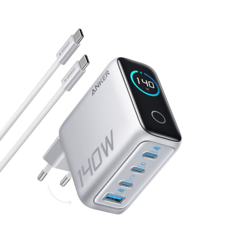 Fali töltő Anker Zolo, 140W, 5A, 1 x USB-A - 3 x USB-C, USB-C kábellel, Ezüst B2697G41-0