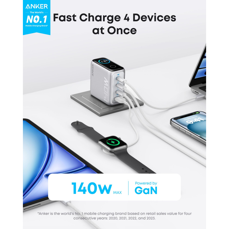 Fali töltő Anker Zolo, 140W, 5A, 1 x USB-A - 3 x USB-C, USB-C kábellel, Ezüst B2697G41-1