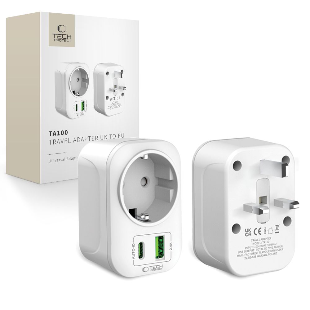 Tech-Protect TA100 utazó adapter UK-EU fehér-0