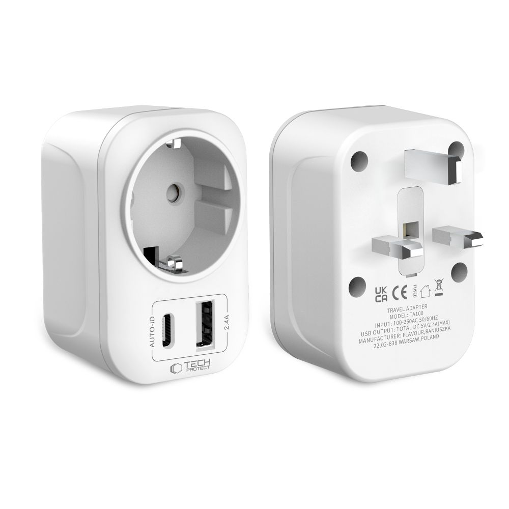 Tech-Protect TA100 utazó adapter UK-EU fehér-1