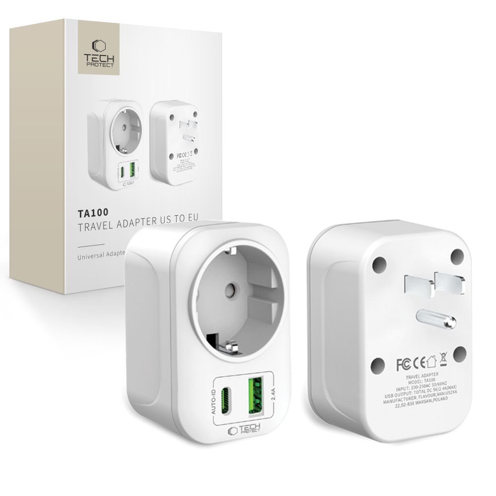 Fehér Tech-Protect TA100 Utazó Adapter US-ról EU-ra-0