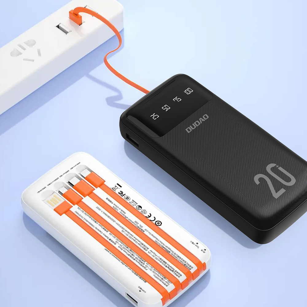 Dudao nagy kapacitású powerbank 3 beépített kábellel 20000mAh USB Type C + micro USB + Lightning fekete (Dudao K6Pro+),-1