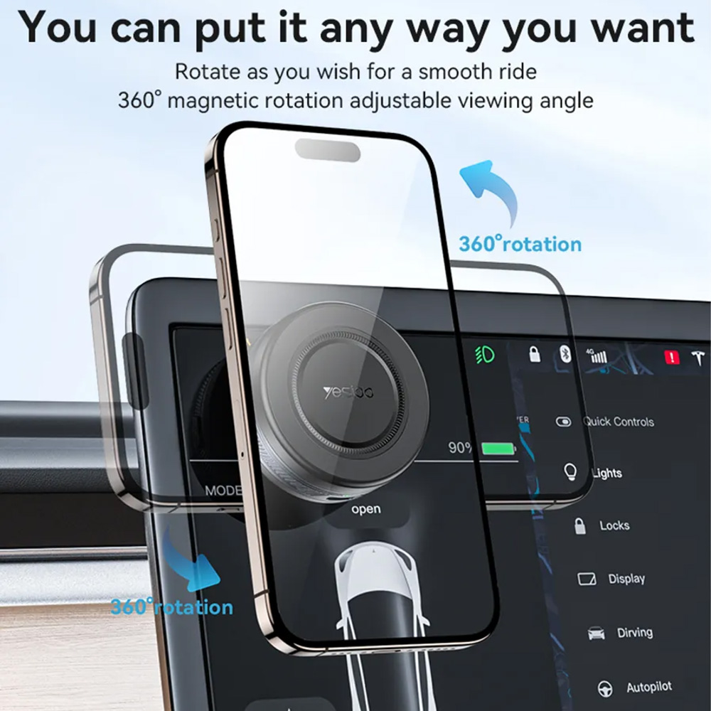 Yesido Autós tartó vezeték nélküli töltéssel (C223) - kijelzőhöz, elektromos vákuumzárral, MagSafe támogatással, USB-C, kicsi - Fekete-4
