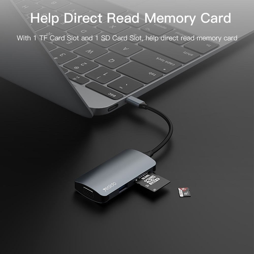 Yesido - Dokkolóállomás 7 az 1-ben (HB16) - Type-C 1x USB3.0, 2x USB2.0, TF/SD Kártya, 1x VGA, 1x Type-C, 5Gbps, PD100W - Szürke-1