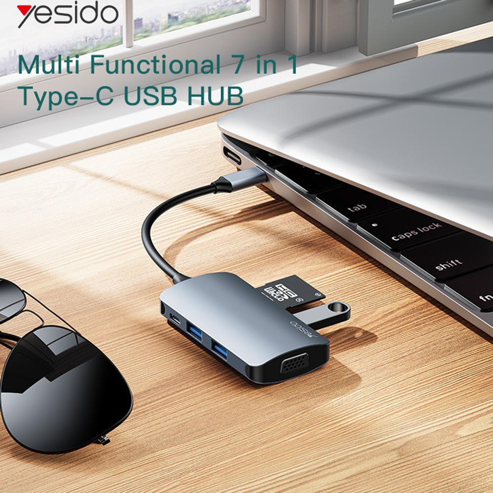 Yesido - Dokkolóállomás 7 az 1-ben (HB16) - Type-C 1x USB3.0, 2x USB2.0, TF/SD Kártya, 1x VGA, 1x Type-C, 5Gbps, PD100W - Szürke-2