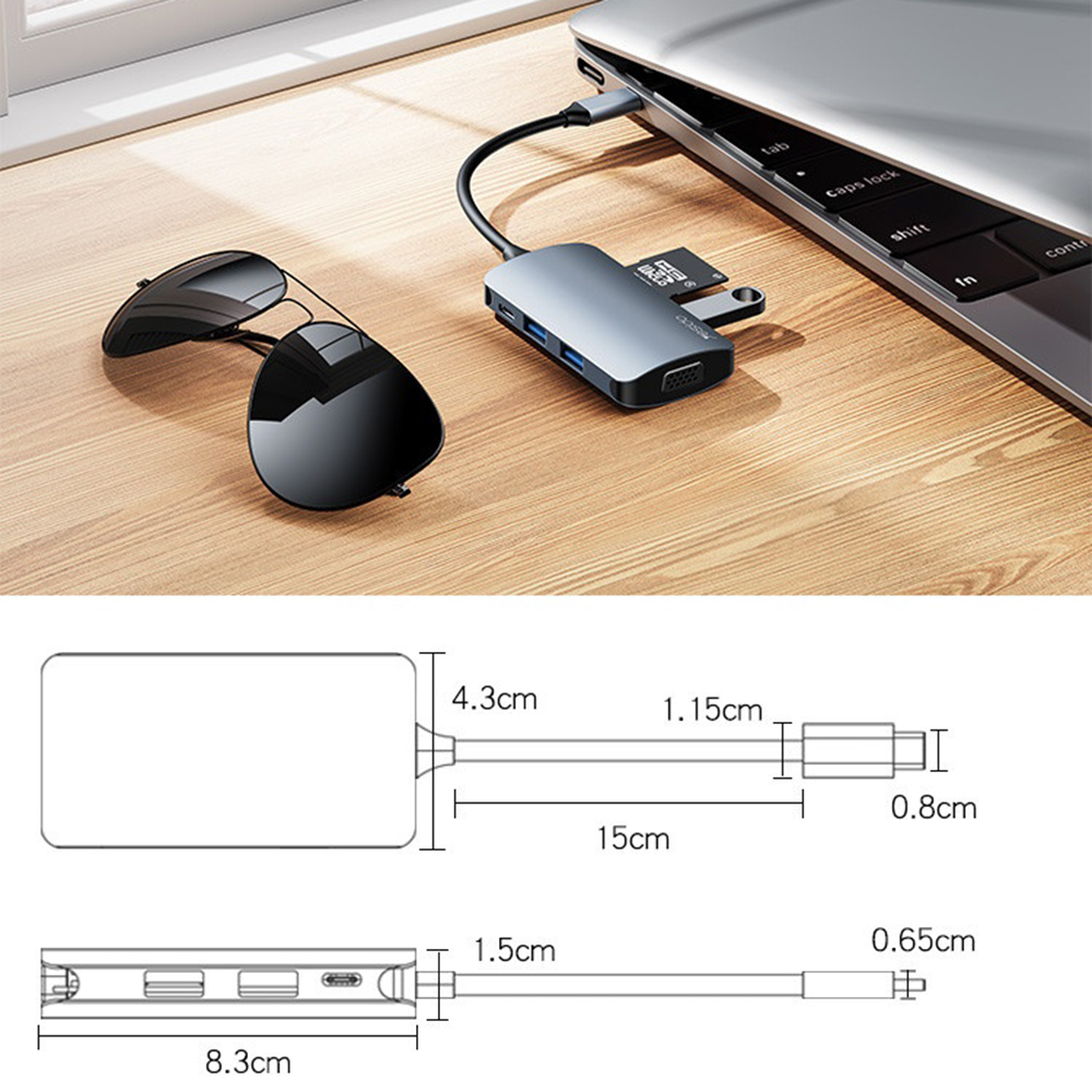 Yesido - Dokkolóállomás 7 az 1-ben (HB16) - Type-C 1x USB3.0, 2x USB2.0, TF/SD Kártya, 1x VGA, 1x Type-C, 5Gbps, PD100W - Szürke-7