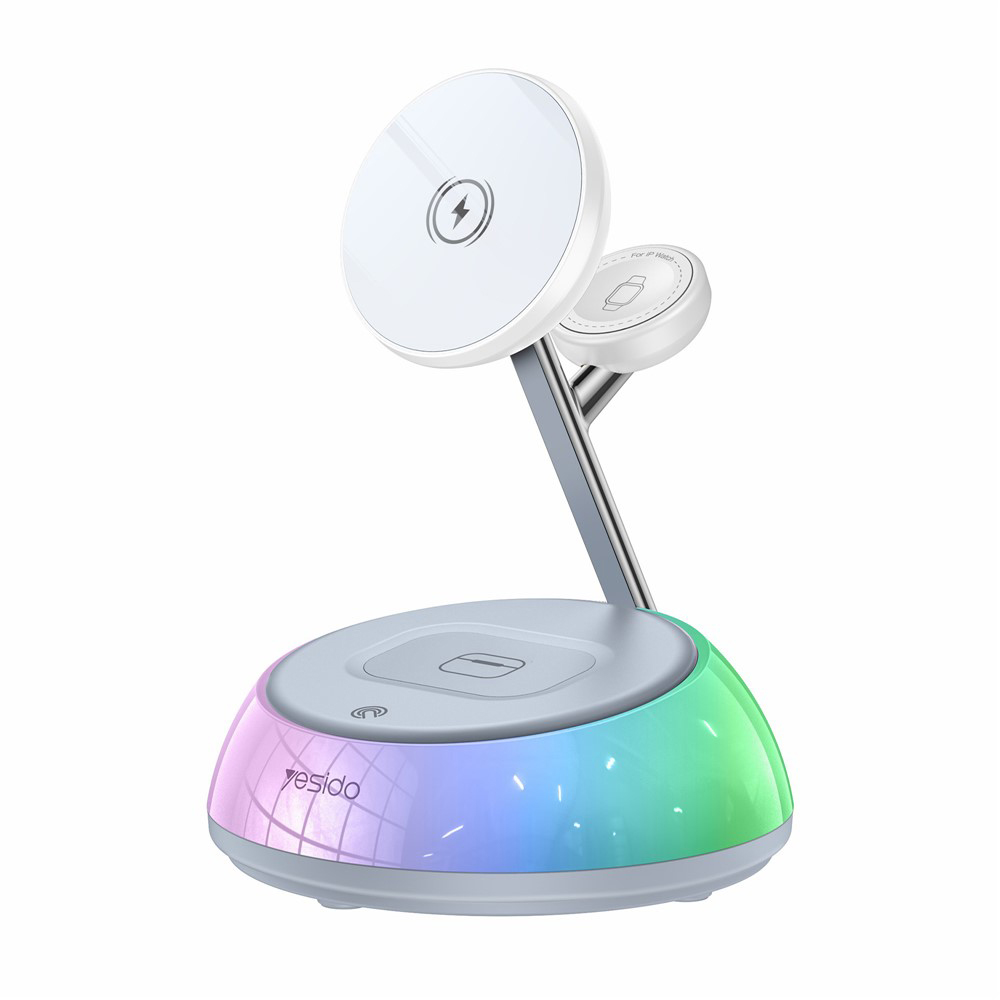 iPhone, Apple Watch, AirPods Fehér Yesido töltőállomás 3in1 (DS31) - Mágneses Tartó, RGB világítás, 15W-0