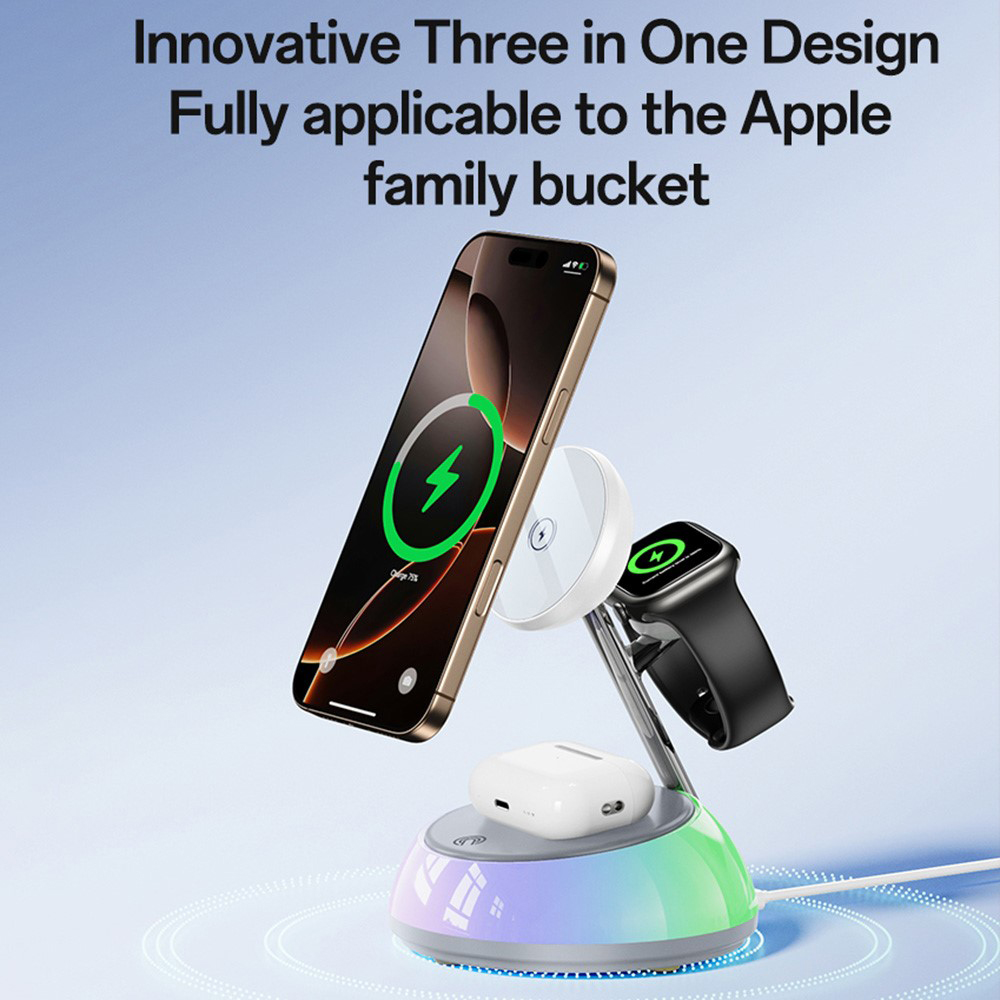 iPhone, Apple Watch, AirPods Fehér Yesido töltőállomás 3in1 (DS31) - Mágneses Tartó, RGB világítás, 15W-8