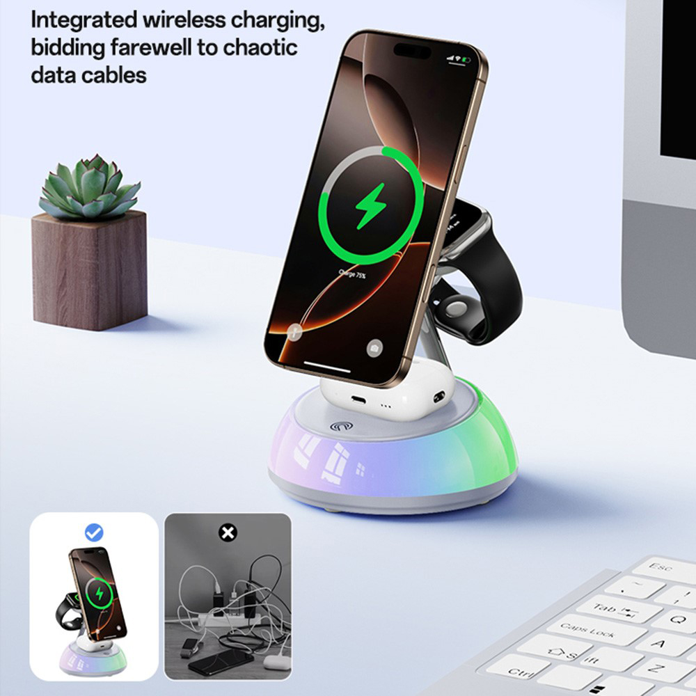 iPhone, Apple Watch, AirPods Fehér Yesido töltőállomás 3in1 (DS31) - Mágneses Tartó, RGB világítás, 15W-3