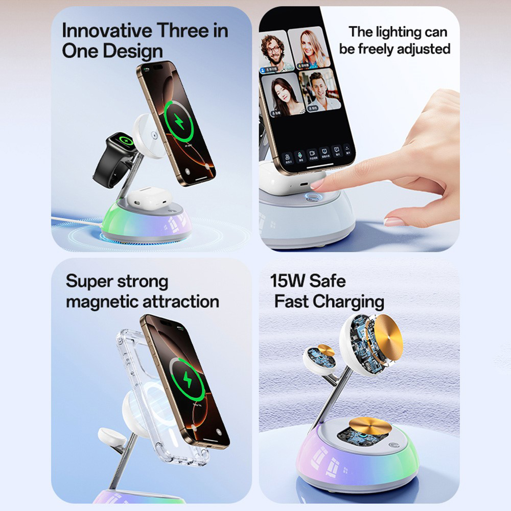 iPhone, Apple Watch, AirPods Fehér Yesido töltőállomás 3in1 (DS31) - Mágneses Tartó, RGB világítás, 15W-2