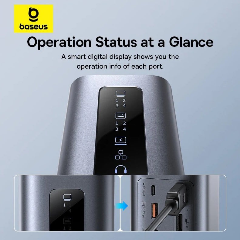 Baseus Spacemate 11in1 HUB (B00568101813-00) - USB-C 2xHDMI, 2xDP, 3xUSB, 2xUSB-C, RJ45, Jack - Űrszürke-11