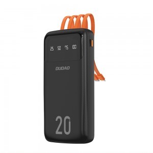 Dudao nagy kapacitású powerbank 3 beépített kábellel 20000mAh USB Type C + micro USB + Lightning fekete (Dudao K6Pro+),