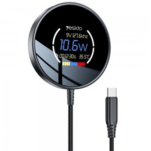 Yesido Vezeték nélküli Töltőállomás (DS28) - Mágneses Markolat, Digitális Kijelző, Gyors Töltés, 15W, Type-C Kábel, 1.2m - Fekete