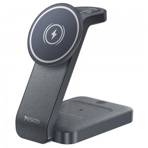 Yesido – Vezeték nélküli töltőállomás (DS26) – Mágneses, telefonhoz, órához, fülhallgatóhoz, összecsukható, állvány, éjjeli fény, 15W – Szürke