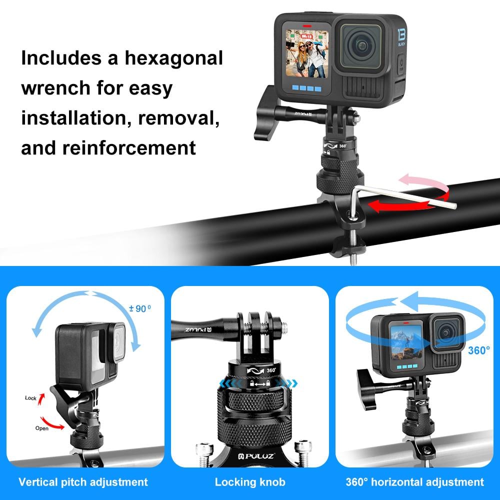 PULUZ PU796B 360 fokban forgatható alumínium motorkerékpár kormányra szerelhető adapter csavarral GoPro, Insta360, DJI (fekete) -4