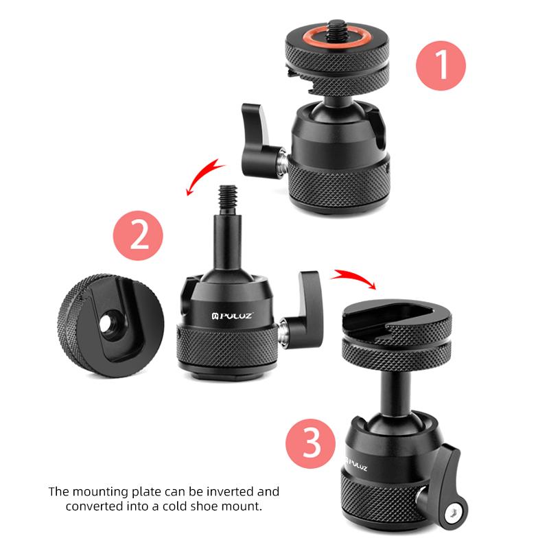 PULUZ PU1057B multifunkciós alumíniumötvözet mini gömbfejes állványadapter, cold shoe és 1/4