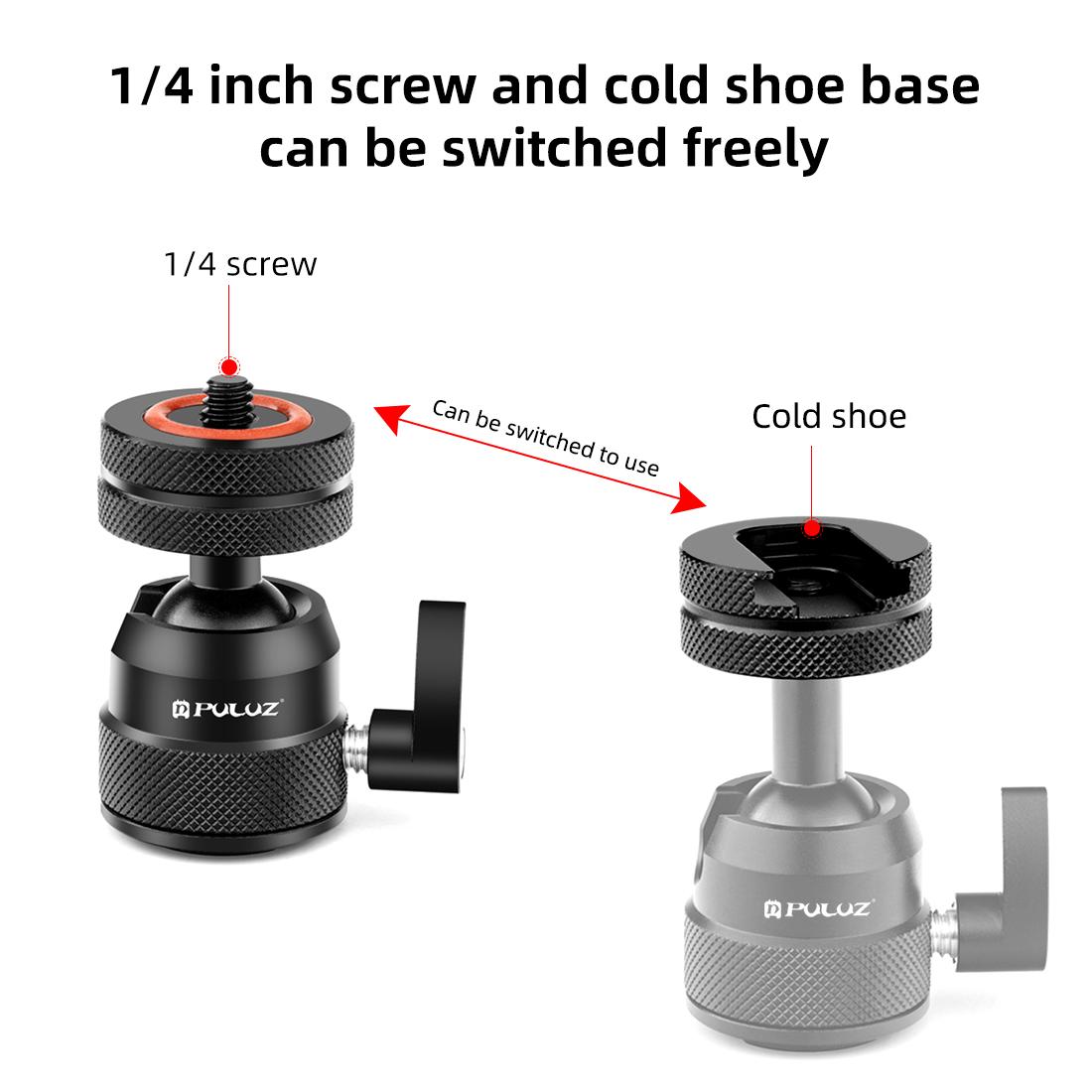 PULUZ PU1057B multifunkciós alumíniumötvözet mini gömbfejes állványadapter, cold shoe és 1/4