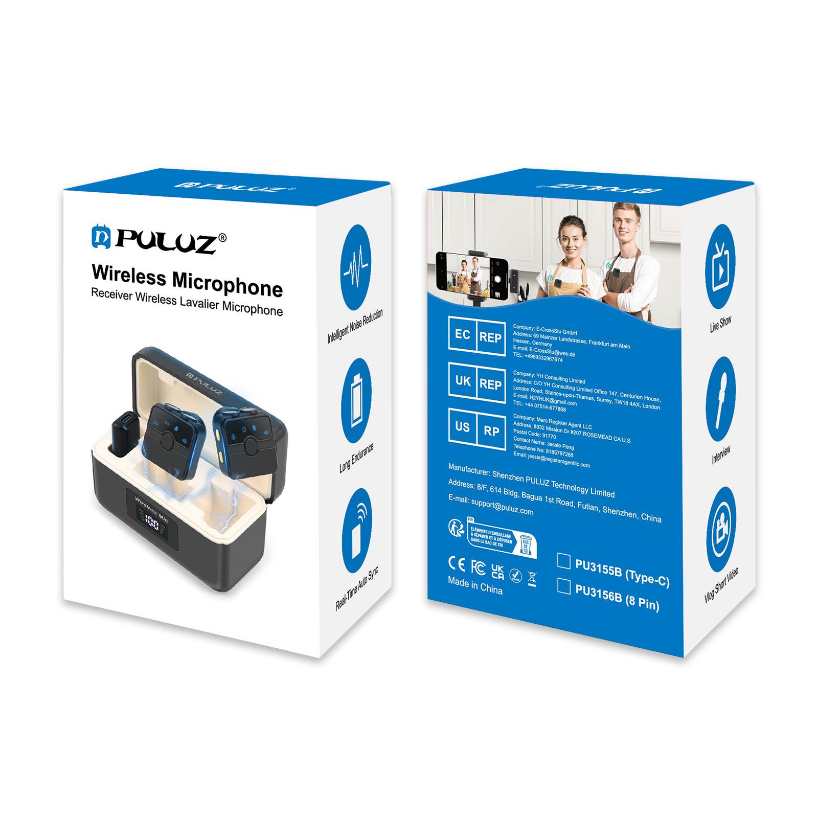 PULUZ SmartLink WS300 mágneses vezeték nélküli csíptetős mikrofon töltőtokkal, Type-C vevőegységgel (RX) és 2 adóval (TX) (fekete) PU3155B-11