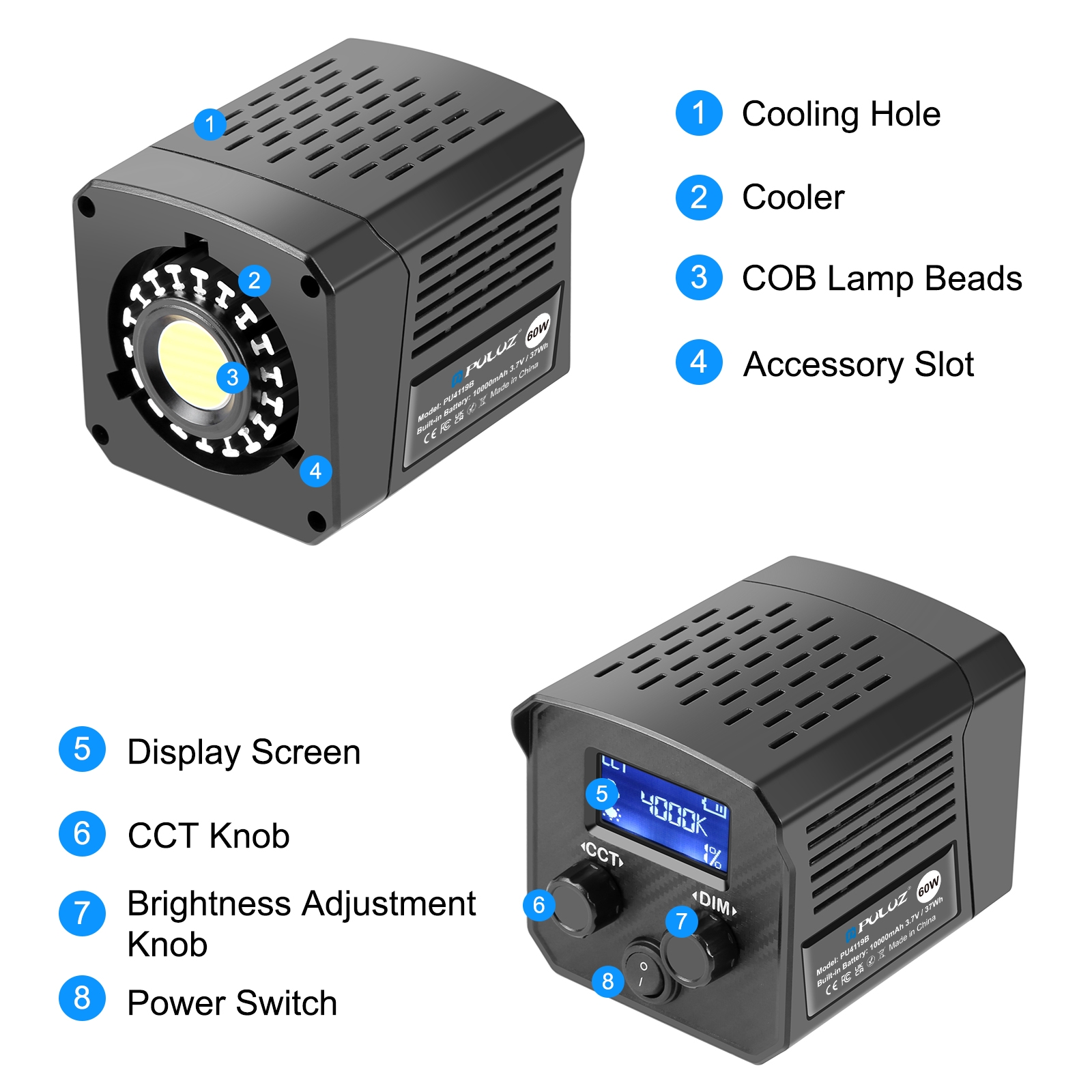 PULUZ 60W stúdió videólámpa, 2500K–6500K két színhőmérsékletű (fekete) PU4119B-6