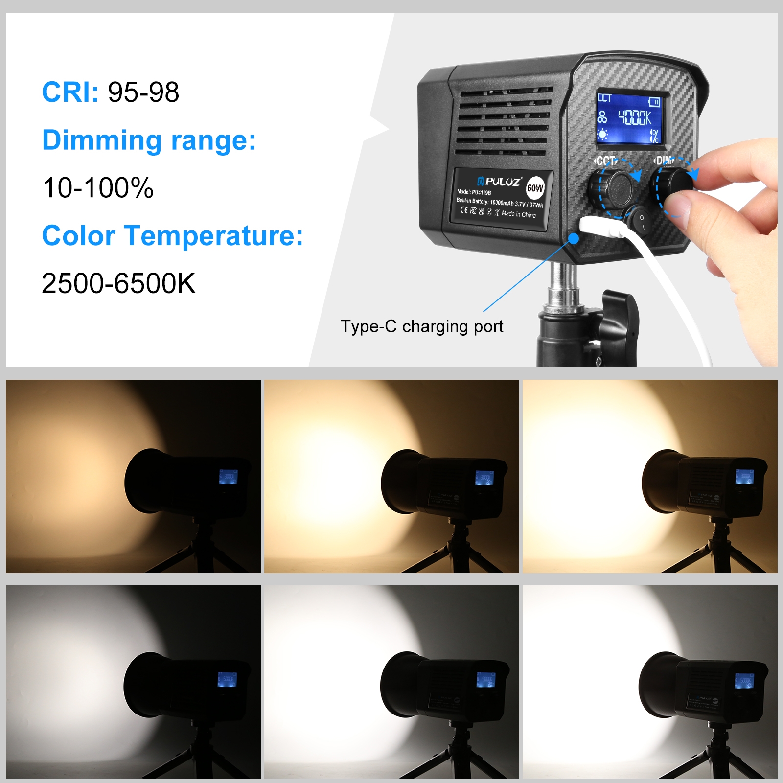 PULUZ 60W stúdió videólámpa, 2500K–6500K két színhőmérsékletű (fekete) PU4119B-3