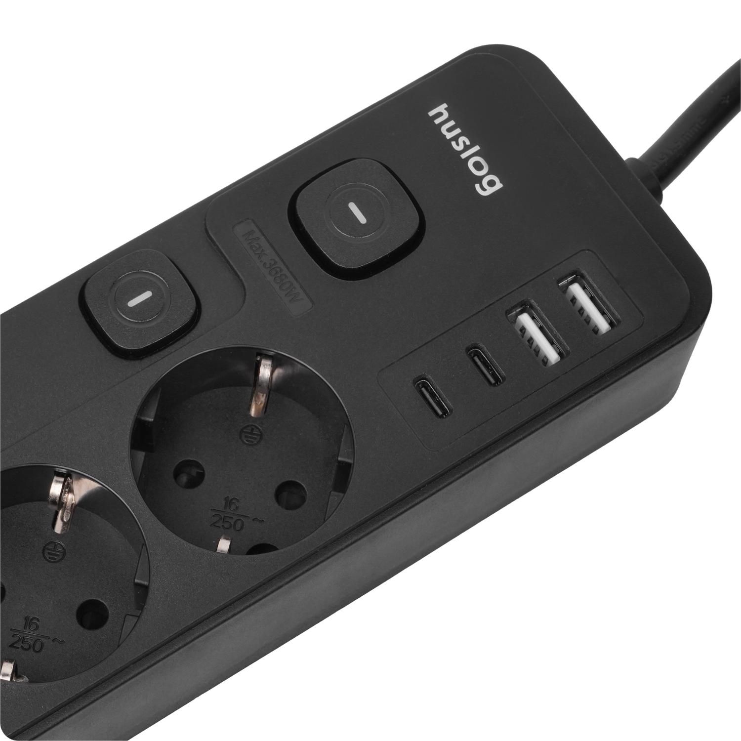 Huslog hálózati elosztó 5 kapcsolóval USB-A, USB-C porttal-6