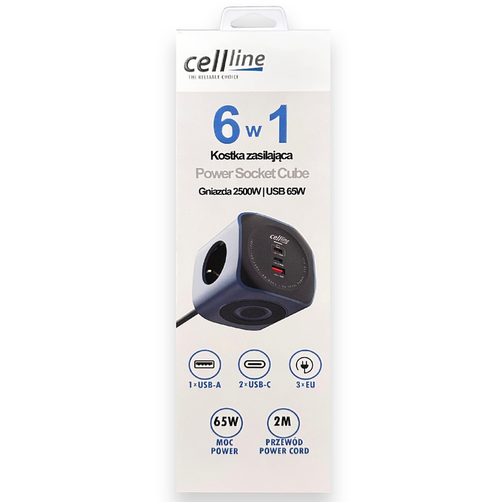 Cellline Power Socket Cube 6 az 1-ben 2500W USB/2xUSB-C 65W kék halózati elosztó-2