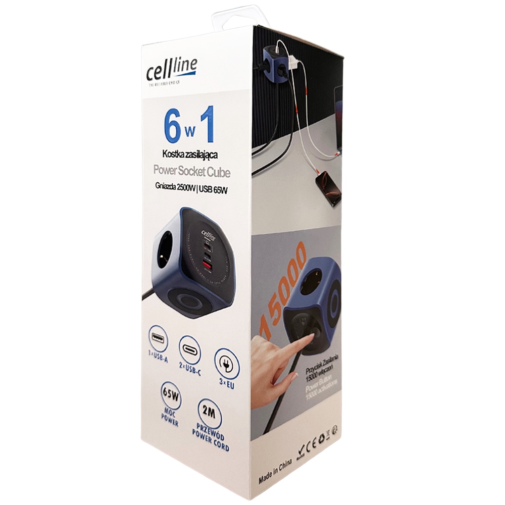 Cellline Power Socket Cube 6 az 1-ben 2500W USB/2xUSB-C 65W kék halózati elosztó-1