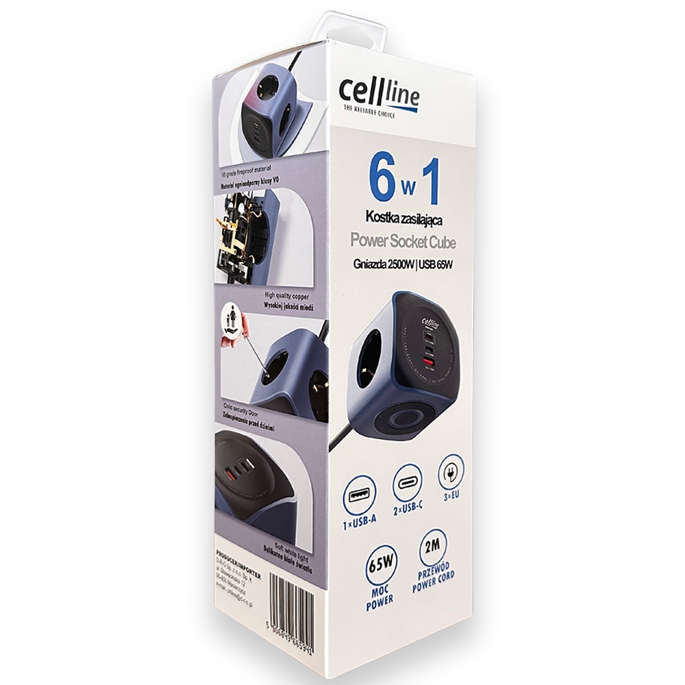 Cellline Power Socket Cube 6 az 1-ben 2500W USB/2xUSB-C 65W kék halózati elosztó-9