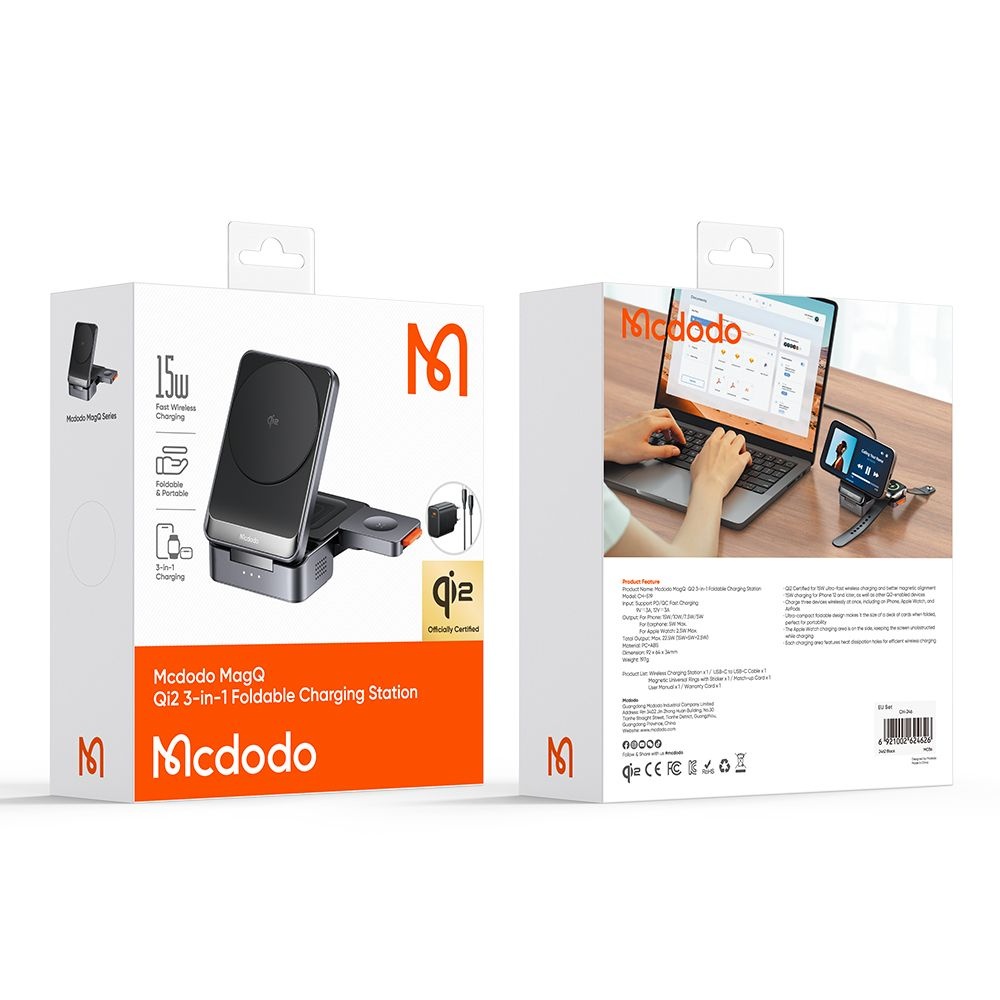 Mcdodo töltőállomás (CH-5192) - Fali Töltő + Type-C Kábel, Qi2, 22.5W, MagQ - Fekete magsafe-6