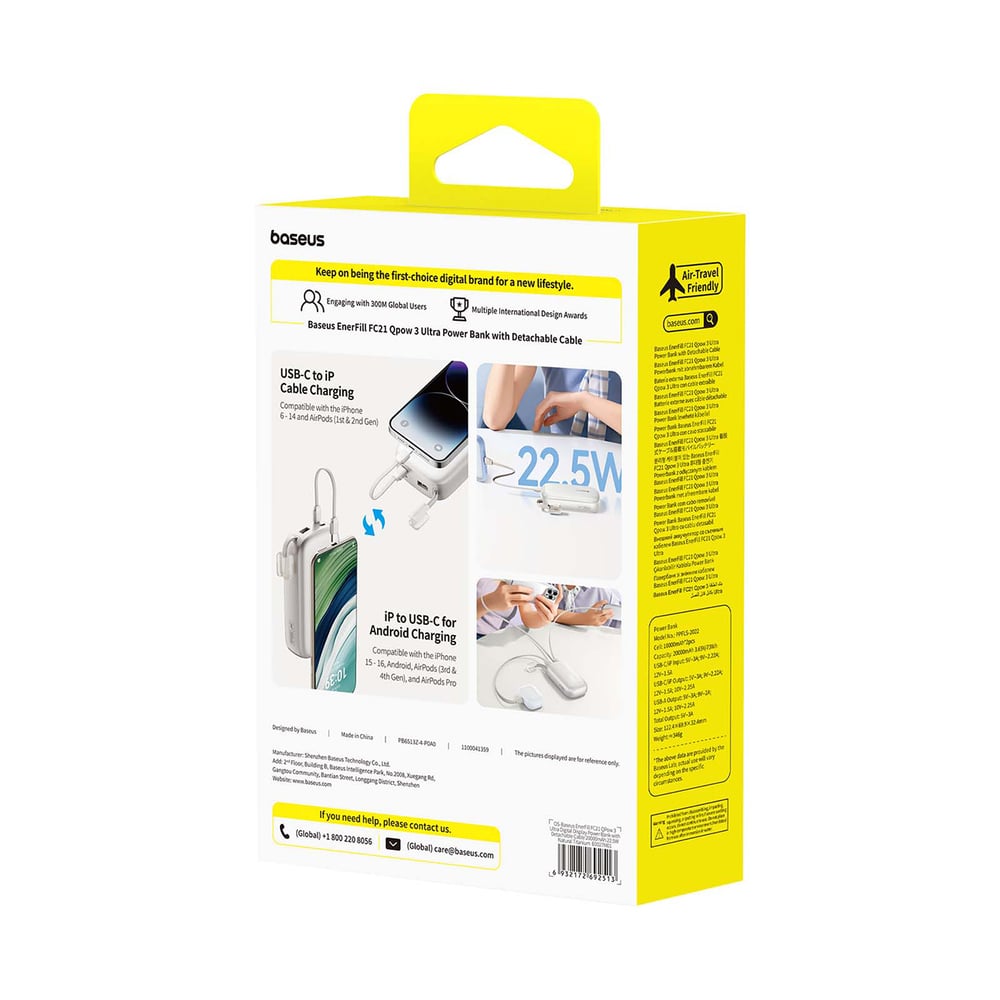 Baseus EnerFill FC21 Qpow 3 Ultra 20000mAh 22.5W Powerbank kijelzővel és kábellel - Bézs-4