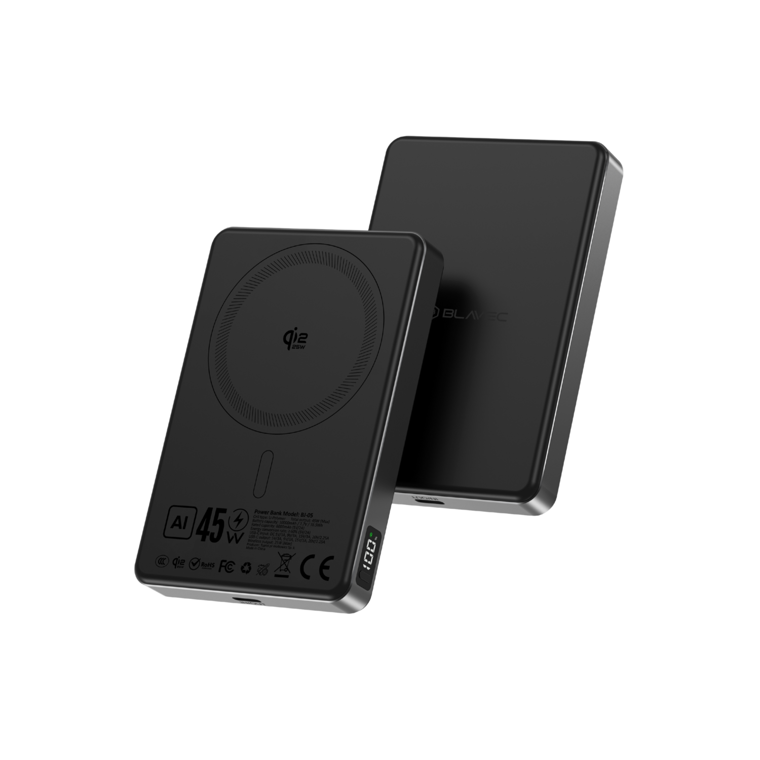 Blavec Power Bank 10000mAh BJ-05 Ultra Gyors 16mm - Type C - Qi2.2 25W + PD 45W mágneses indukció Magsafe 2 az 1-ben (PBBJ05-QI22MC10B) fekete-0
