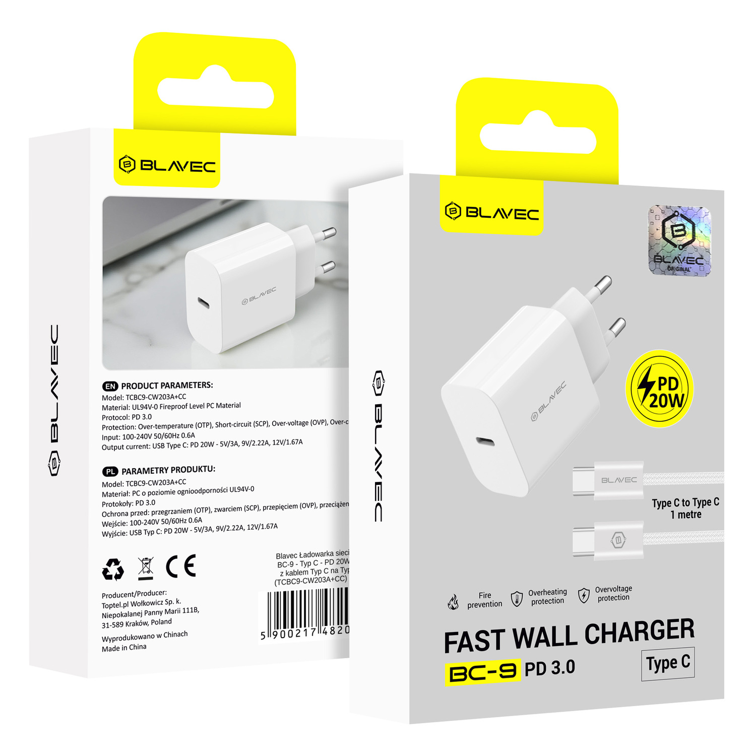 Blavec Hálózati töltő BC-9 - USB-C - PD 20W 3A USB-C - USB-C kábel (TCBC9-CW203A+CC) fehér-7