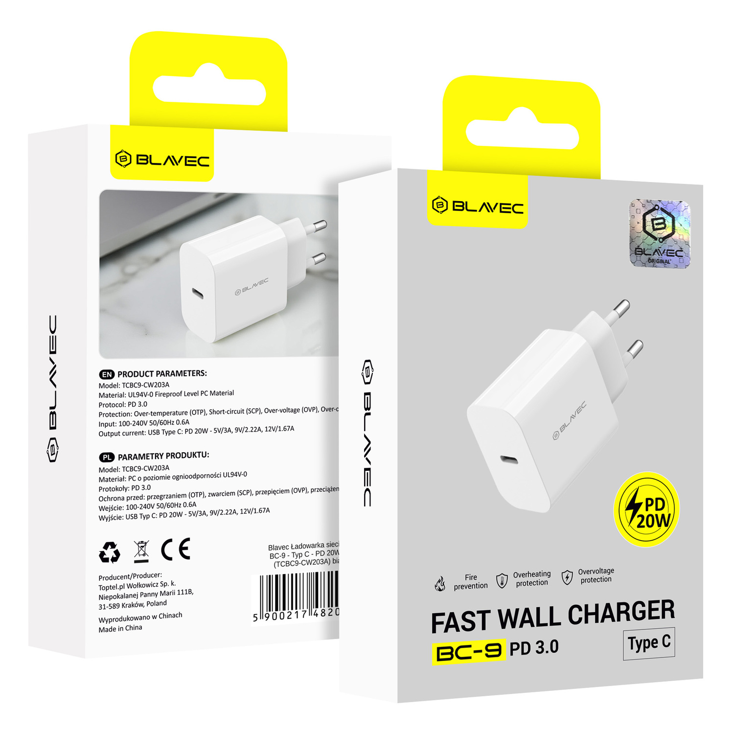 Blavec fali töltő BC-9 - USB-C - PD 20W 3A (TCBC9-CW203A) fehér-7