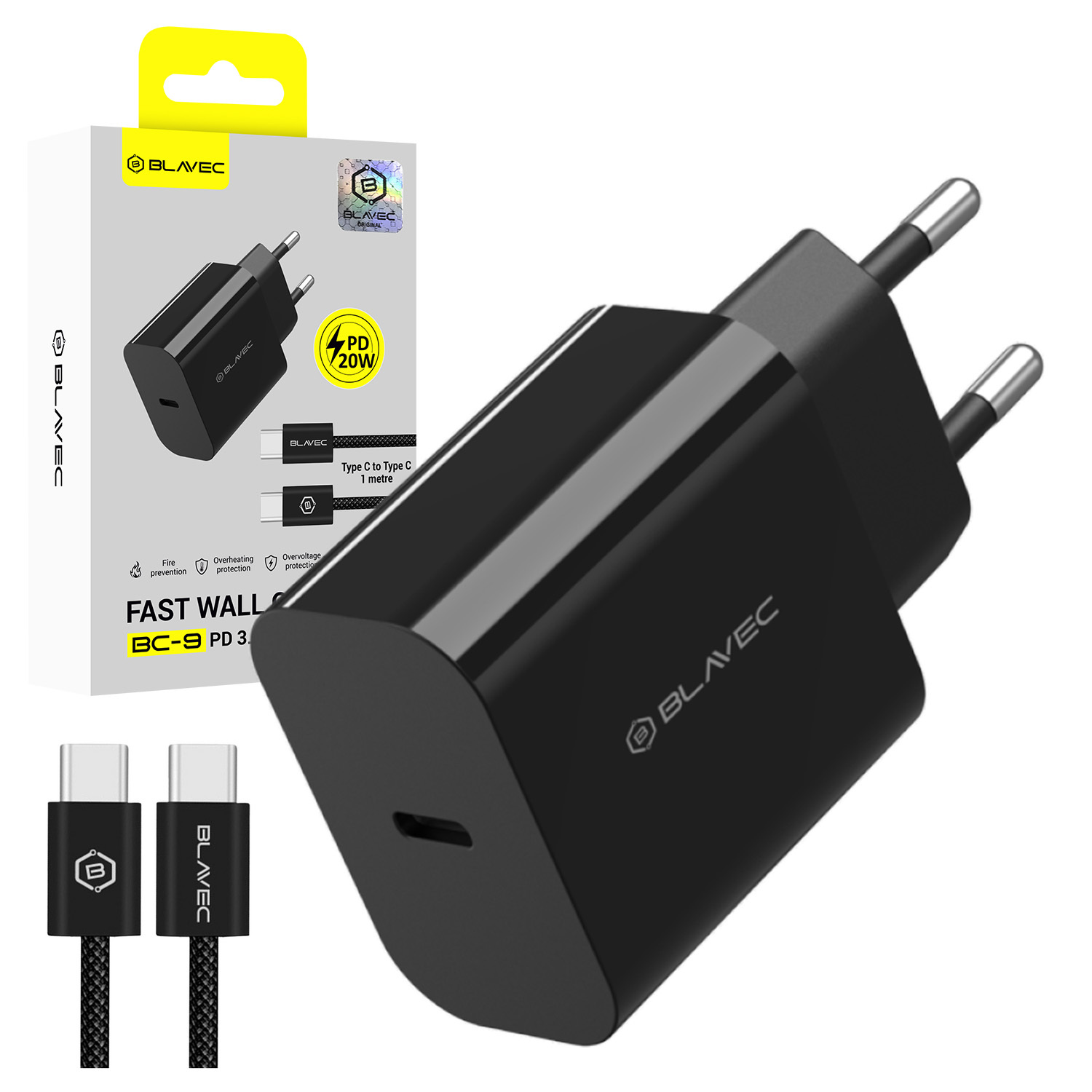 Blavec fali töltő BC-9 - Type C - PD 20W 3A Type C - Type C kábellel (TCBC9-CB203A+CC) fekete-0