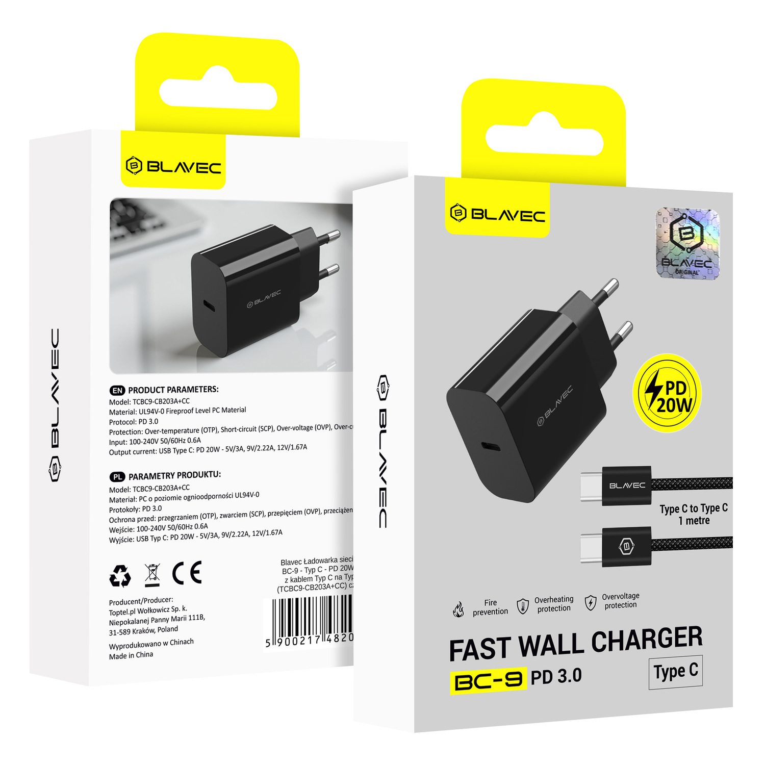 Blavec fali töltő BC-9 - Type C - PD 20W 3A Type C - Type C kábellel (TCBC9-CB203A+CC) fekete-7