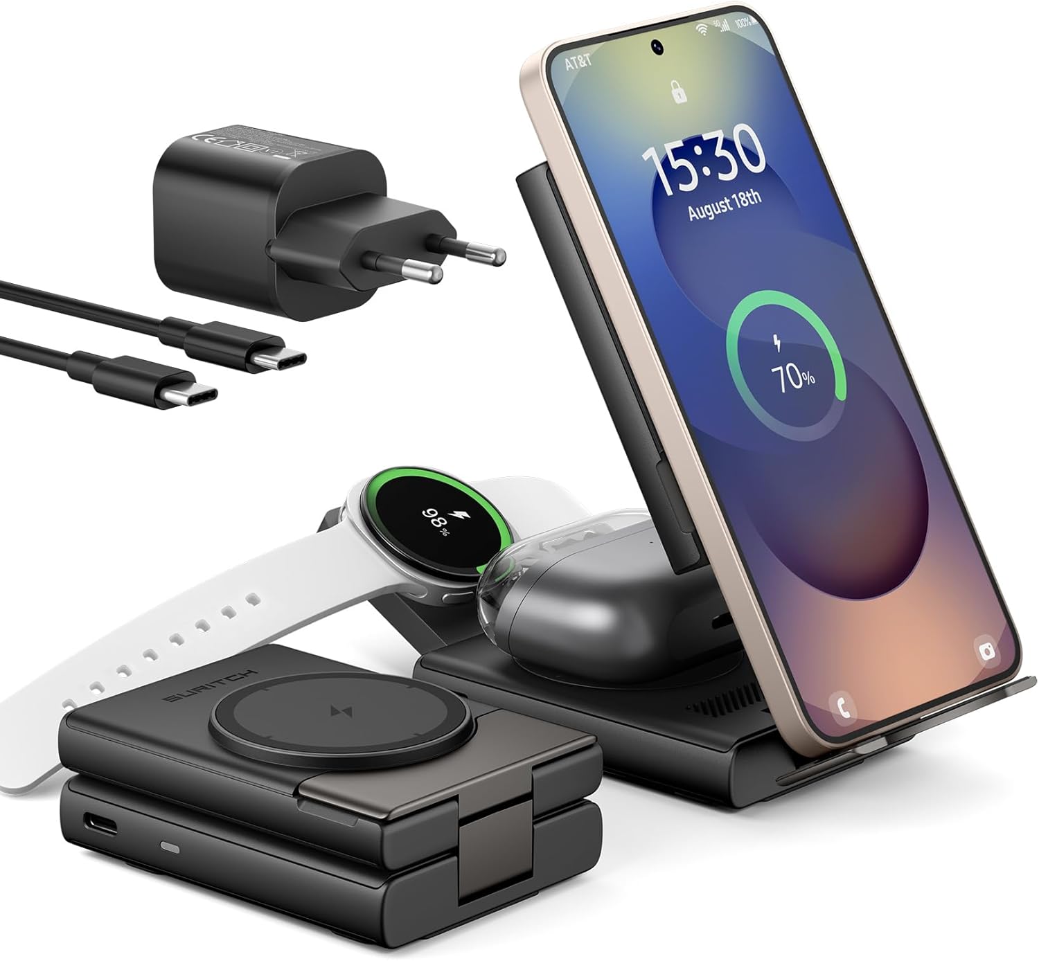SURITCH 3in1 töltőállomás Samsunghoz, 15W összecsukható vezeték nélküli – Galaxy S26/S25/S24/S23/S22/S21/Z, Galaxy Watch 7/6/5/4/3 és Galaxy Buds, fekete (EU)-0