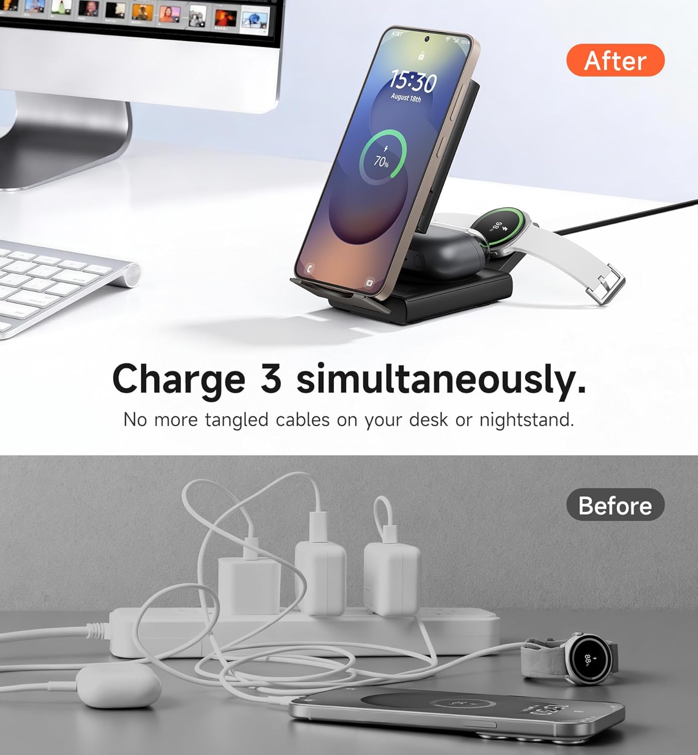 SURITCH 3in1 töltőállomás Samsunghoz, 15W összecsukható vezeték nélküli – Galaxy S26/S25/S24/S23/S22/S21/Z, Galaxy Watch 7/6/5/4/3 és Galaxy Buds, fekete (EU)-2