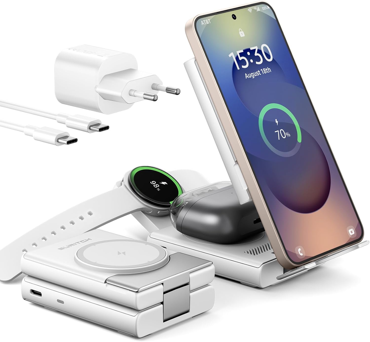 SURITCH 3in1 töltőállomás Samsunghoz, 15W összecsukható vezeték nélküli – Galaxy S26/S25/S24/S23/S22/S21/Z, Galaxy Watch 7/6/5/4/3 és Galaxy Buds, fehér (EU)-0