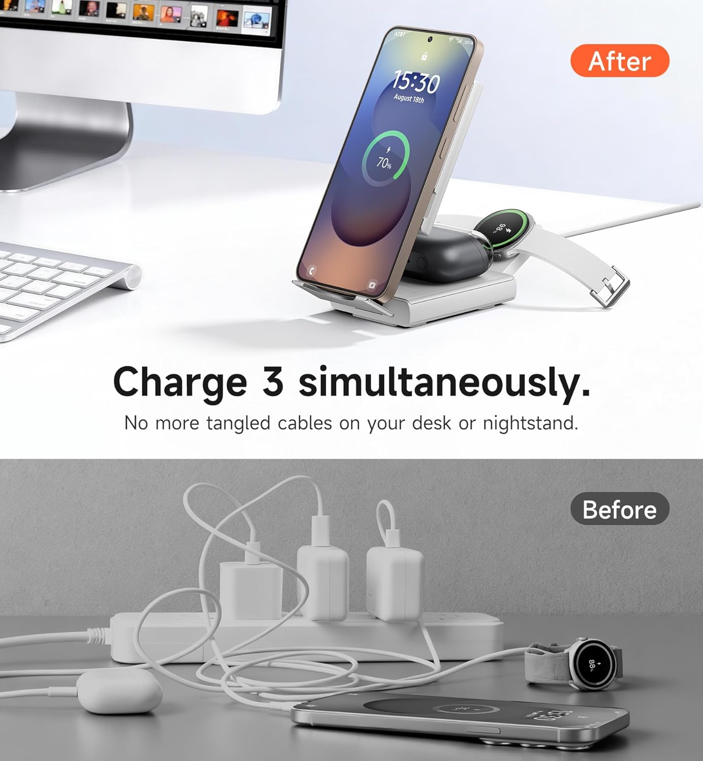 SURITCH 3in1 töltőállomás Samsunghoz, 15W összecsukható vezeték nélküli – Galaxy S26/S25/S24/S23/S22/S21/Z, Galaxy Watch 7/6/5/4/3 és Galaxy Buds, fehér (EU)-5