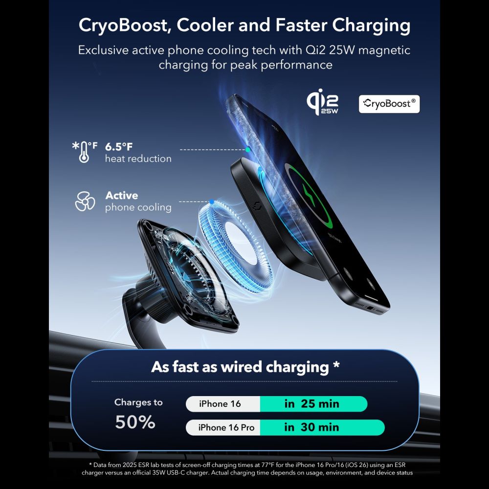 Fekete Esr Omnilock Cryoboost Mágneses Magsafe Autós Ventilátor Telefontartó Vezeték Nélküli Töltő Qi2.2 25W-3