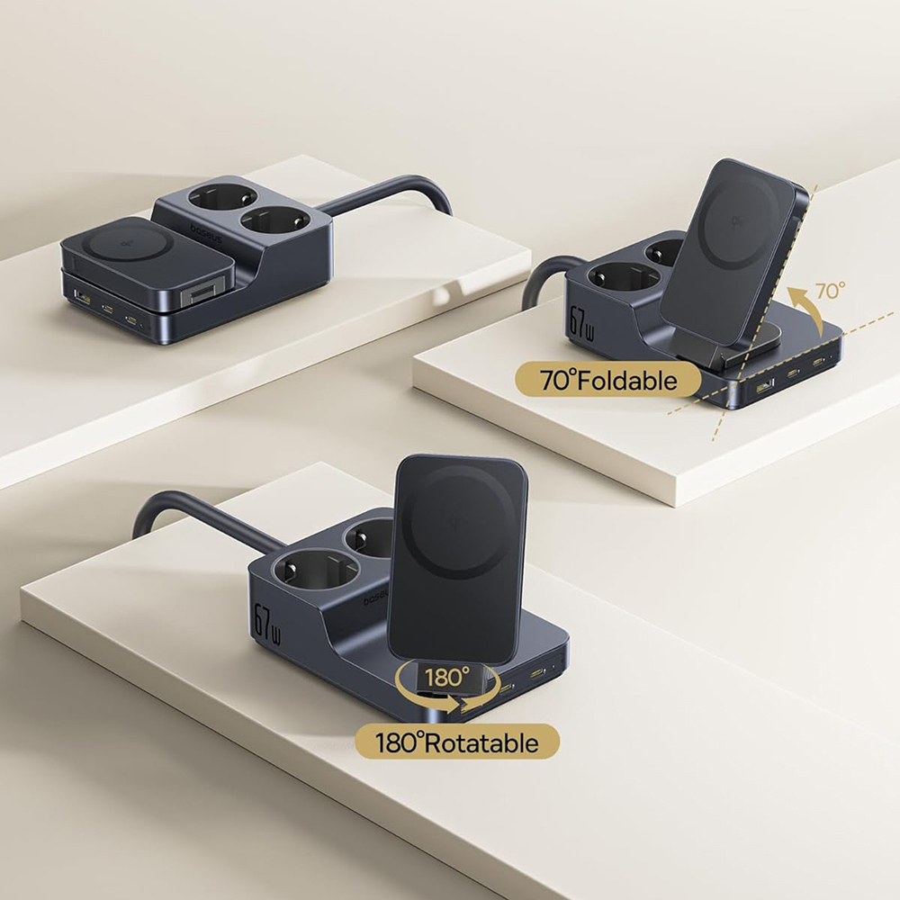 Baseus - 6 az 1-ben töltőállomás Nomos ND11 (E00078801123-00) - Mágneses Vezeték nélküli, 2x AC, 2x USB-C, USB, 67W - Kozmikus Fekete-2