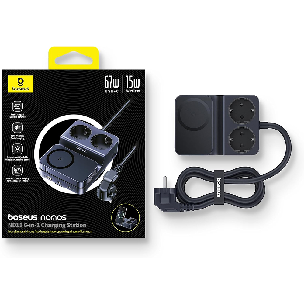 Baseus - 6 az 1-ben töltőállomás Nomos ND11 (E00078801123-00) - Mágneses Vezeték nélküli, 2x AC, 2x USB-C, USB, 67W - Kozmikus Fekete-6