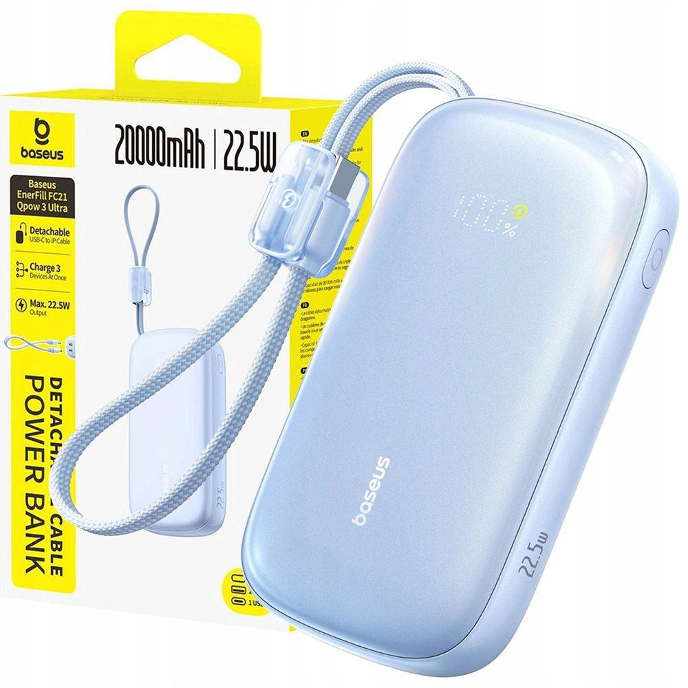 Baseus EnerFill FC21 Qpow 3 Ultra Power Bank levehető kábellel, 10000mAh, 22.5W, digitális kijelző - Galaxy Blue-6